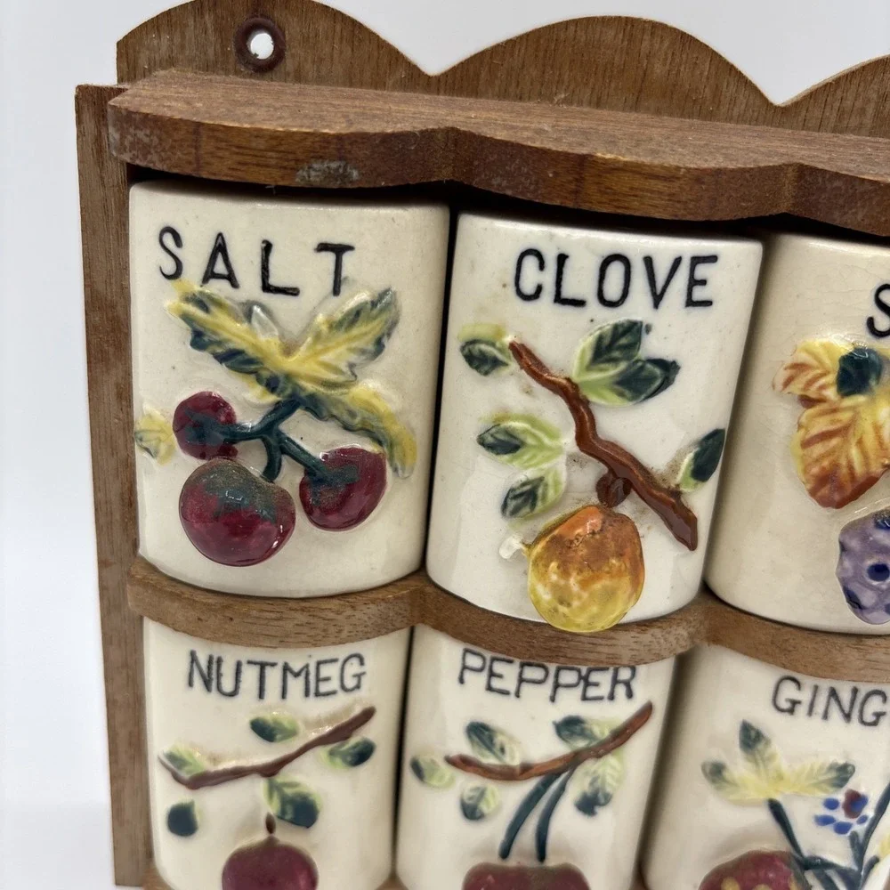 Vintage GNCO Japan Spice Rack Ceramic Shakers Set Indian Village Mich Souvenir